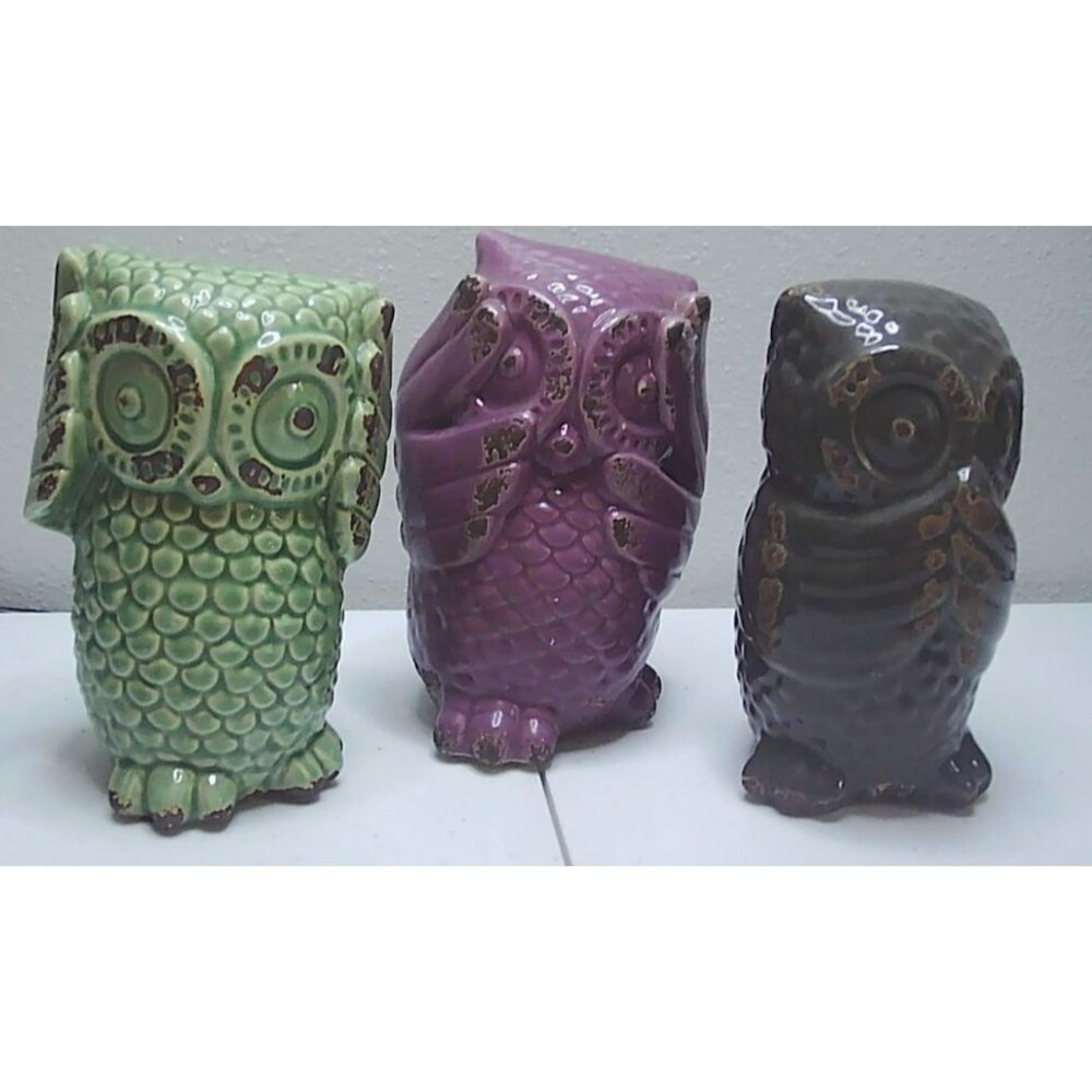 Set of 3 Vtg glazed ceramic "Wise Owl" figurines See, Speak, Hear No Evil 6.5"
